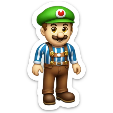 bavarian octoberfest visitor in super mario style. With a green hat, blue and white stripes shirt and brown leather pants. make the shirt blue and white sticker