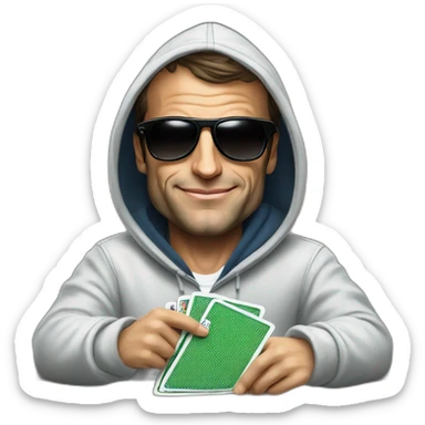 Emmanuel Macron with a hoodie and sunglasses playing poker sticker