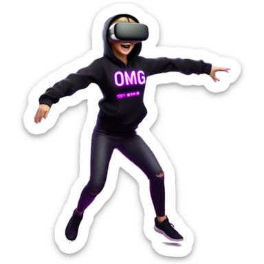 Russian girl wearing black hoody with violet letters "OMG", in vr headset oculus quest2. jumping. Cyberpunk style. Violet neon. sticker