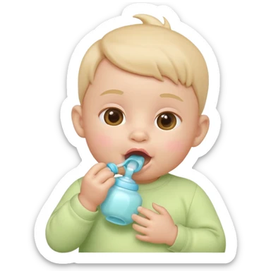 Apple-style 3D emoji of a cute baby sucking on a pacifier or drinking from a baby bottle, round face, soft pastel colors, cheerful and gentle expression, clean white background sticker