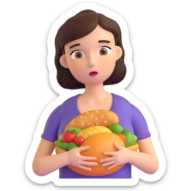 woman holding her stomach and looking at food with longing, expressing hunger sticker
