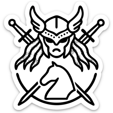 minimalist icon of Starscourge Radahn, red hair, helmet, two swords crossed, horse silhouette, fantasy boss symbol sticker