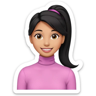 a woman with long sleeve turtle neck top and smile, her hair is long black pony tail, her eyes color are black and the color of her lip is soft pink sticker