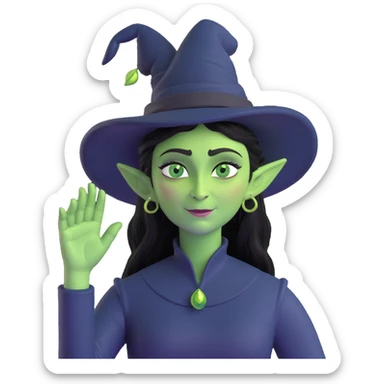 Wicked's Elphaba, hand on head, waving, theatrical, green skin, black hat sticker