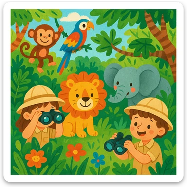digital illustration of jungle safari in the style of children's illustration   sticker