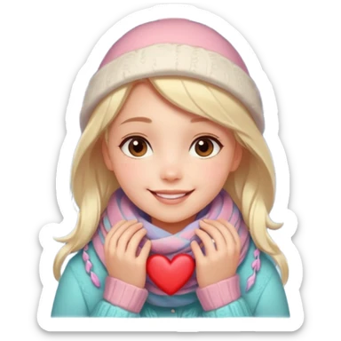 A cute, warm Christmas emoji-style illustration for a romantic A cozy winter atmosphere, soft pastel colors, gentle lighting. A sweet smiling girl with a warm scarf, glowing Christmas lights, snowflakes, and a small heart symbol. clean lines, closeness, and affection.
 sticker