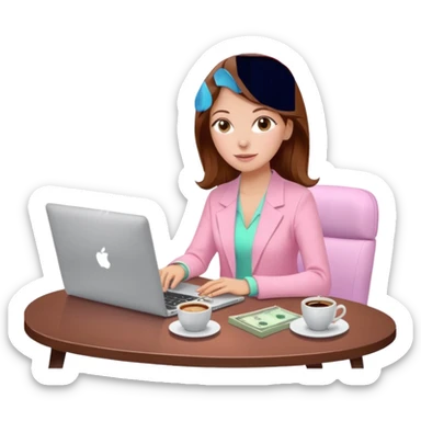  woman character with laptop and coffee relax table, dollars are floating, colorful pastel pink outfit, white laptop, brownn hair, fair skin,  sticker