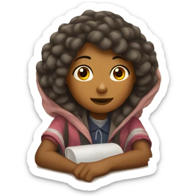 Middle school girl sitting at a school desk with a blanket wrapped around her shoulders  sticker