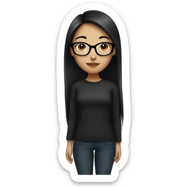 asian girl with dark skin tone, black long straight hair and wearing black rounded thin glasses sticker