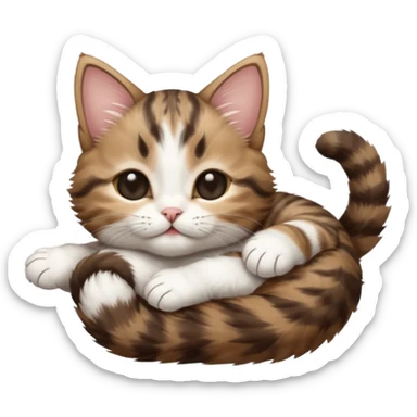 dark brown tabby and white kitten eyes closed whilst stretched out and  upside down sticker