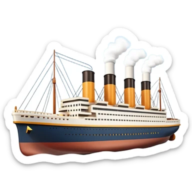 A miniature 3D Titanic ship emoji in Apple style, small and compact with smooth glossy surface, bright clean colors, simplified but recognizable details like smokestacks and windows, no facial features, floating on calm ocean, soft shadows, high-quality render, isolated on white background.



 sticker