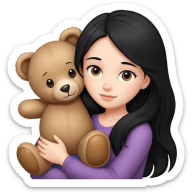 black long hair girl hugs a teddy bear sticker