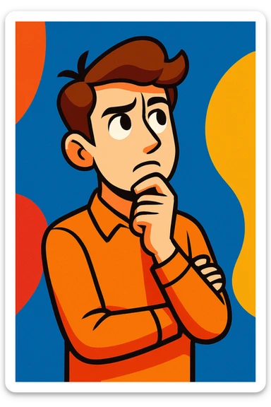 young man with brown hair and white skin, intelligent pose, thoughtful expression, colorful illustration style sticker