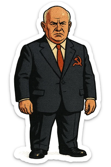 The full body of a male middle aged Russian leader who looks like Nikita Khrushchev wearing a suit with the community party logo and looking seriously sticker
