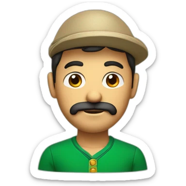 Mexican character with little beard, big eyes, wide nose, triangular eyebrow and green polo shirt and a French beret sticker