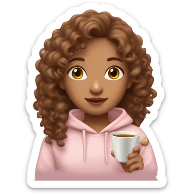 cute brown curlyhaired girl in light pink hoodie with cup of tea sticker