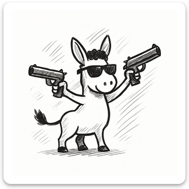 Add cool black sunglasses to the donkey, keep hand drawn doodle style, hand drawn black doodle style with sketchy lines and simple details. sticker