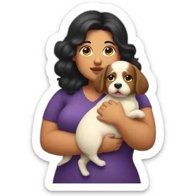 chubby fat fair girl with extra wavy black hairs holding dog in her arms sticker