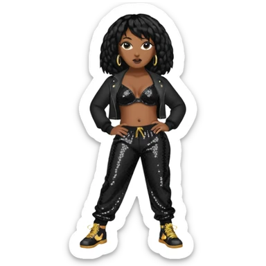 Missy Elliott with black hair, black sequin bra, black sequin baggy pants sticker