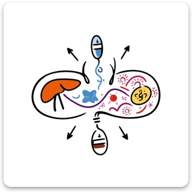 Anti-diabetic treatment diagram: orange liver, pink muscle cells, and yellow fat cells responding to blue anti-diabetic medication, with purple insulin pathways activated. Hand-drawn cross-section showing cellular absorption of red glucose particles and balanced blood sugar levels. sticker