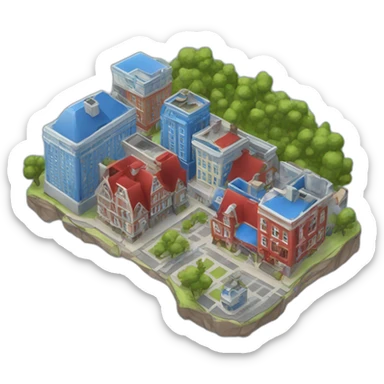 District with larges blue and red buildings at the base sticker