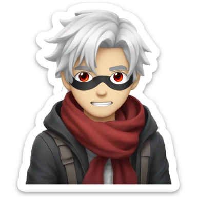 Anime guy, with white messy hair, demonic eye patch, red eyes, crimson scarf around neck, and gray skin  sticker