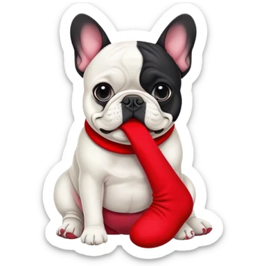 Black and white Bouledogue français eating a red sock  sticker
