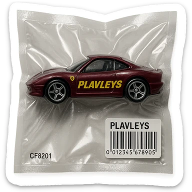 burgundy Hot Wheels toy car Ferrari with the word 'PLAVLEYS' written on the side, glossy and puffy, vacuum-sealed style sticker