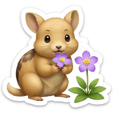 small round pika on all fours, turned at an angle, biting a small light purple flower in its mouth sticker