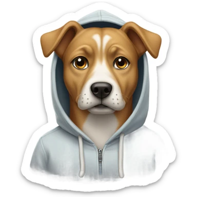 Dog wearing a hoodie with a mustache sticker