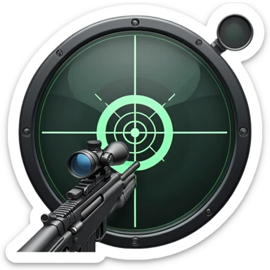 An icon showing a close-up view of a rifle's crosshair, symbolizing FPS games. The design features a detailed scope with a focus on the target, emphasizing precision and action. The background is minimal, highlighting the intensity of first-person shooters. Transparent background. sticker