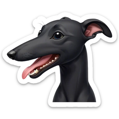 Cinematic Cute Yawning Black Greyhound Portrait Emoji, Head tilted slightly with a dramatic, wide-open yawn, showcasing a sleek black Fur with a polished finish, floppy ears slightly drooping, round dark eyes barely open in drowsy contentment, Simplified yet irresistibly adorable features, highly detailed, glowing with a soft, cozy glow, high shine, relaxed yet expressive, stylized with a touch of whimsy, bright and endearing, soft glowing outline, capturing the essence of a sleepy yet affectionate racer, so drowsy it feels like it could stretch out of the screen and curl up for a nap! sticker