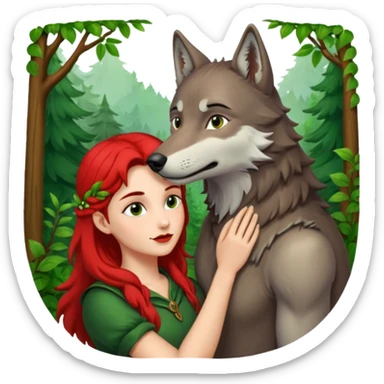 Caperucita roja acariciando la cabeza de un lobo macho en un bosque sticker