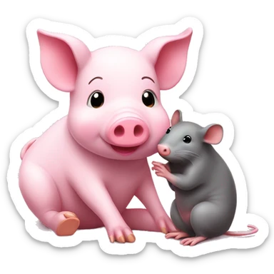 cute little pink piggy cuddles with cute big rat sticker