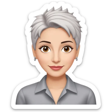 Puerto Rican actress Marian Pabón with elongated face, light pinkish skin, almond-shaped expressive eyes, straight nose, well-defined lips with wide smile, arched eyebrows, pronounced cheekbones, short spiky gray hair like a man's cut, wearing a white buttoned shirt sticker