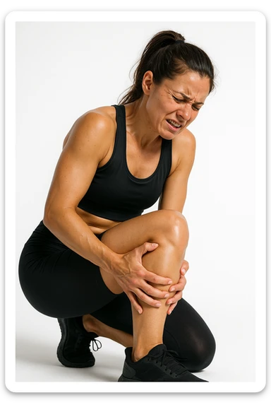 donna fitness che si tocca la gamba dolorante con espressione di dolore in volto, sente le gambe pesanti, iperrealistica 4k, sfondo bianco sticker