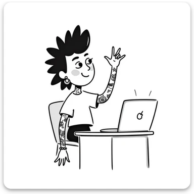 Punk rock female student with mohawk, facial piercings and full sleeve tattoos, smiling confidently while raising hand in class, laptop on desk, wearing band t-shirt sticker