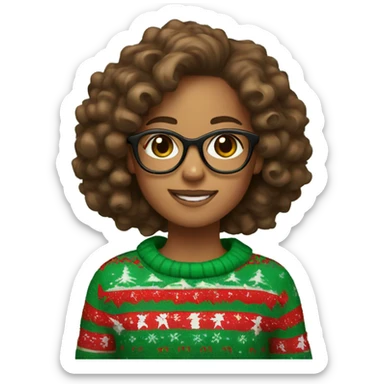 A girl with brown curly hair glasses and a christmas red and green sweater sticker