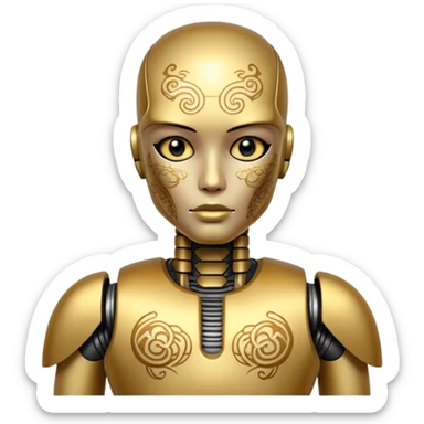 gold Tatooed robot, big many tatooes on chest, neck and face, white tatoo on face sticker