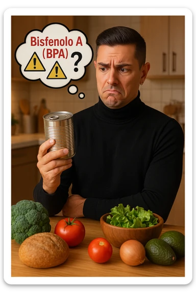 un uomo in cucina tiene in mano una lattina di cibo in scatola, osservandola con un’espressione preoccupata e scettica. Sopra la lattina, una nuvoletta di pensiero mostra la scritta “Bisfenolo A (BPA)” evidenziata in rosso, insieme a simboli di allarme o un punto interrogativo. Sullo sfondo, alimenti freschi e naturali sono visibili sul tavolo, sottolineando la sua preferenza per alternative più sane. sticker
