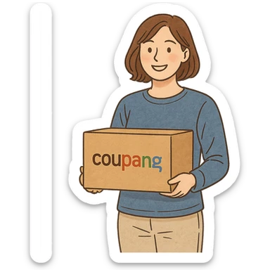 woman holding a Coupang delivery box, casual clothing, friendly atmosphere, illustration style sticker