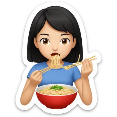 girl with black hair in short sleeves eating noodles sticker