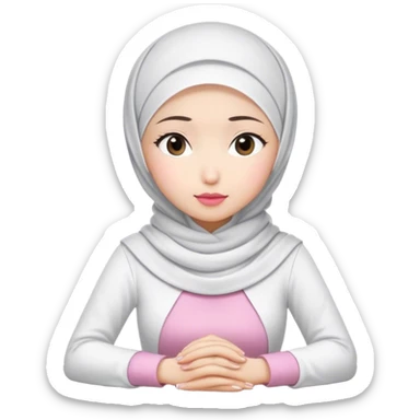 A white Asian woman, white hijab women are listening with her hands folded on the table. her lips is pink. her outfit & hijab color is white sticker