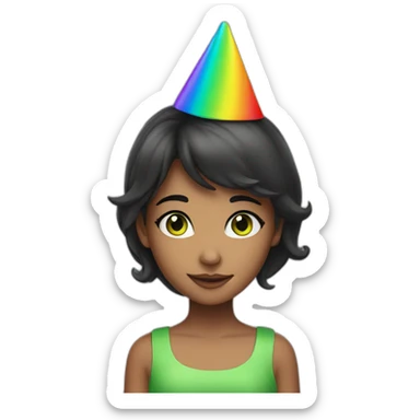 girl with dark hair and green eyes in rainbow party hat  sticker