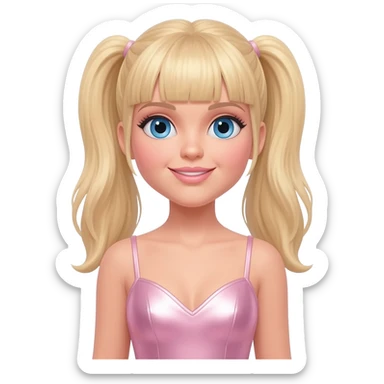 Baby Spice from Spice Girls with blue eyes, long blonde two ponytail hair with bang, light pink metallic sweetheart short dress sticker