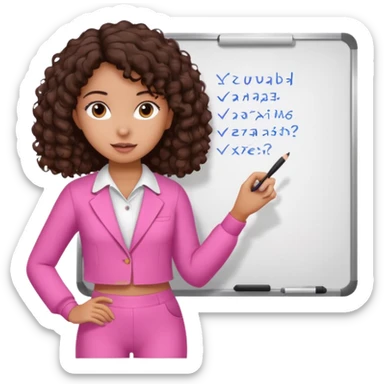 a girl with dark brown curly like hair wearing pink not hot pink 2 piece set teaching up on a board sticker