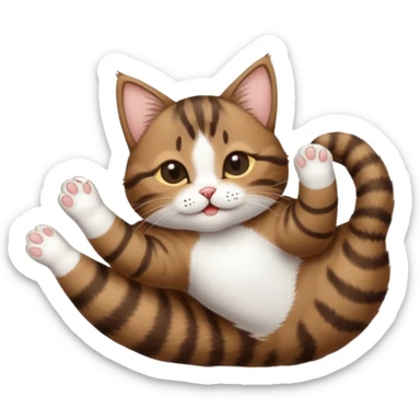 dark brown tabby and white small cat in funny positions upside down with eyes closed sticker