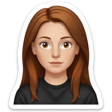 A 38 year old white woman with long brunette hair parted in the middle. She has a nose ring. She has brown eyes. She has freckles and is wearing a black sweatshirt sticker