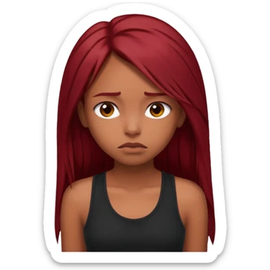 a brown girl with straight long dark red hair, black tank top, . Looking sad sticker