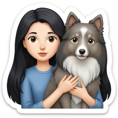 A girl with long black hair holding a gray Shetland Sheepdog sticker